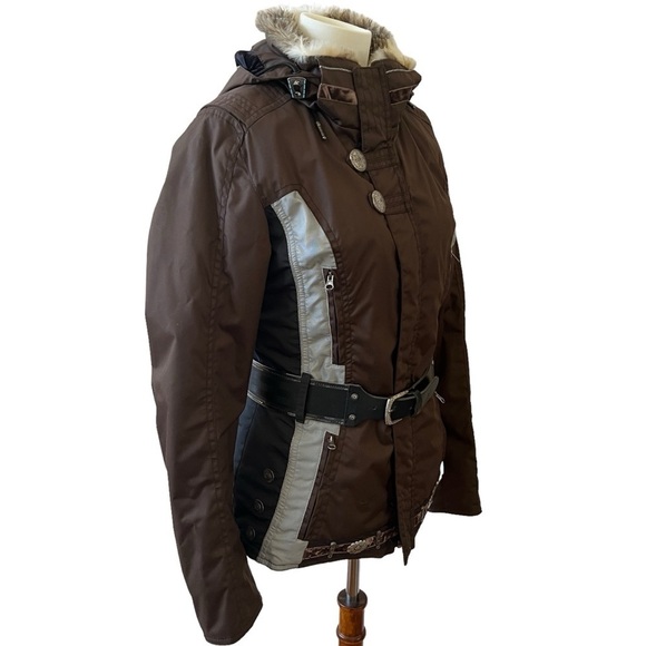 HELL IS FOR HEROES SKI JACKET BELTED AZTEC HOOD POCKETS FULL ZIP SNAP FRONT 42-6 - Picture 2 of 11